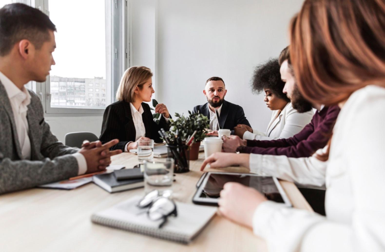 Modern business team collaborating on reputation management strategies